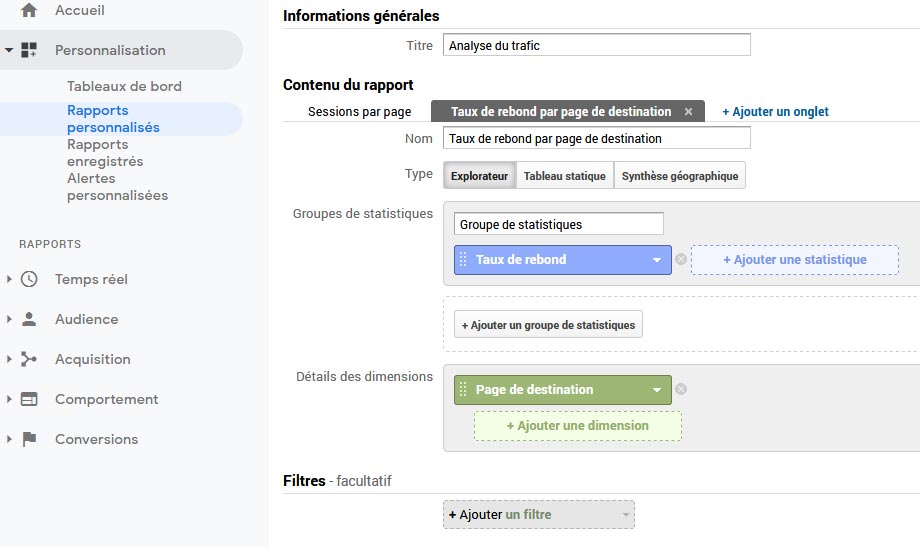 Rapports personnalisés Google Universal Analytics