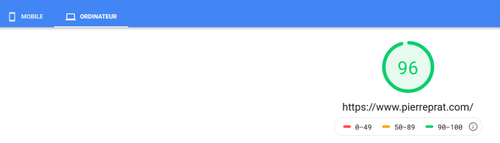 google propose un resultat de vitesse de chargement entre 0 et 100