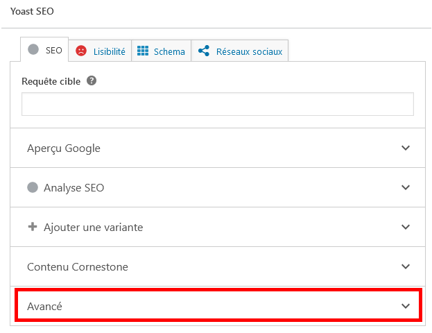 Yoast SEO paramètres avancés