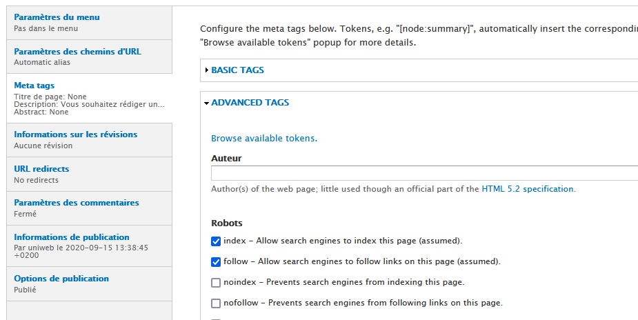 Autoriser robots metatag Drupal
